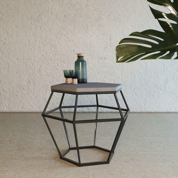 Gfancy Fixtures Modern Concrete & Black Metal Hexagonal End Table Gray GF3097698 - main